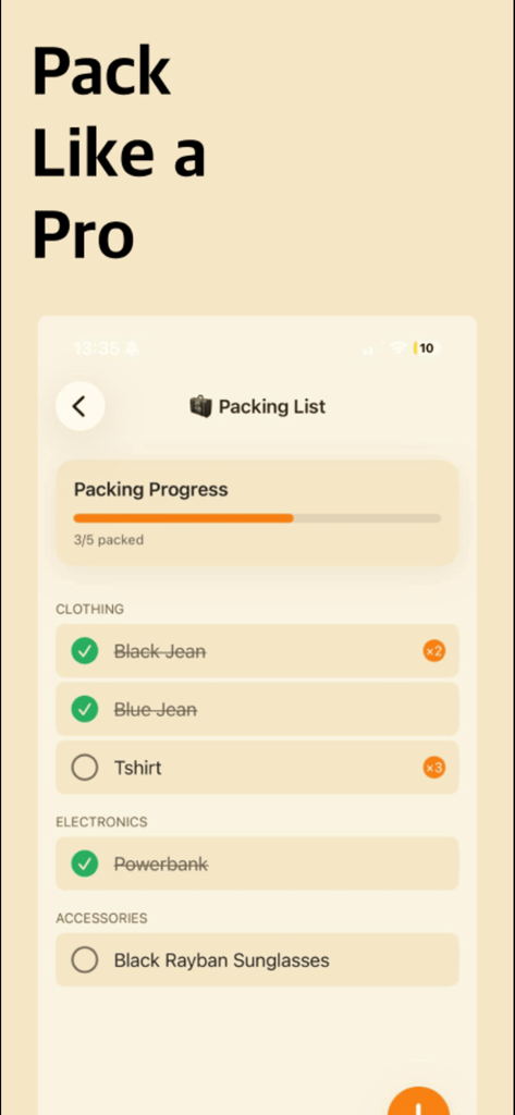 의류 및 전자 제품 범주와 진행률 추적 표시줄이 있는 여행 짐 목록을 보여주는 모바일 앱 인터페이스