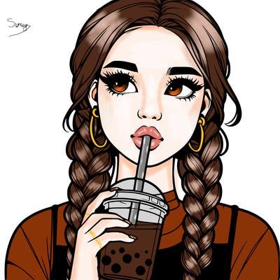 realistic girl with braided hair drinking boba