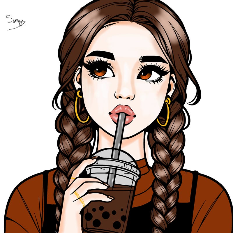 realistic girl with braided hair drinking boba