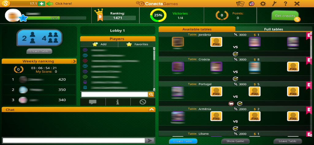 Buraco STBL - Buraco STBLアプリのメインロビー。利用可能なゲームテーブルとプレイヤーランキングが表示されています。