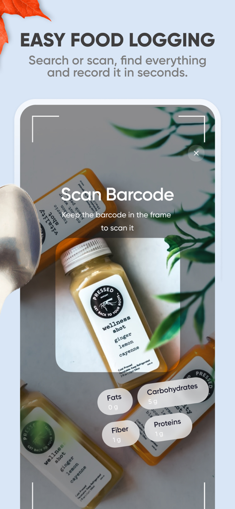 Recurso de escaneamento de código de barras no aplicativo Nutri Coach mostrando nutrientes macro para uma bebida de bem-estar.