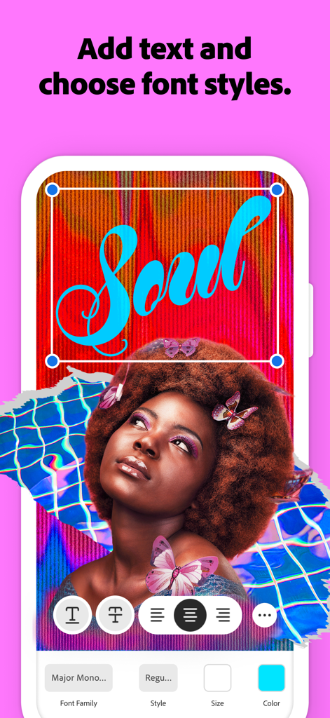 Die Benutzeroberfläche der Adobe Photoshop Mobile App zeigt Textbearbeitung und Schriftarteinstellungen auf einem kreativen Porträt