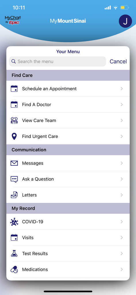 The MyMountSinai mobile app main menu displaying options for finding care communication and medical records