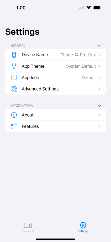 Settings interface of the KDE Connect app on iPhone showing General and Information sections.