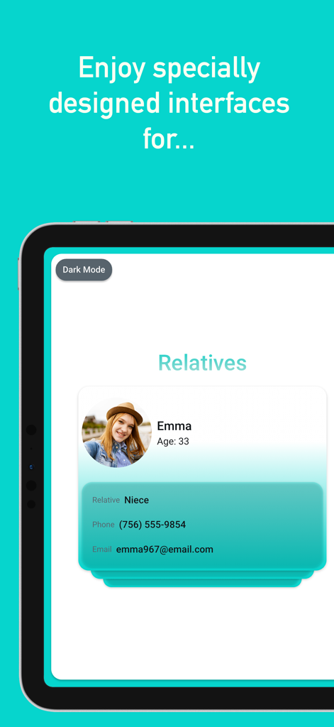 Recollect - Dementia Care - Eine Profilkarte eines Familienmitglieds auf einem Tablet mit Kontaktinformationen in der Recollect Demenzpflege-App-Oberfläche