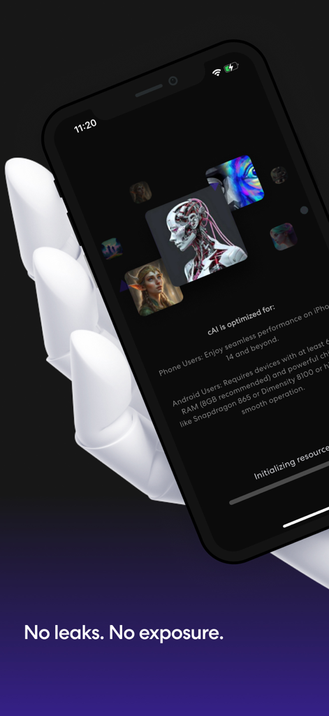 Una mano robótica sosteniendo un teléfono inteligente que muestra la pantalla de inicio de cAI Private AI con lemas de privacidad.