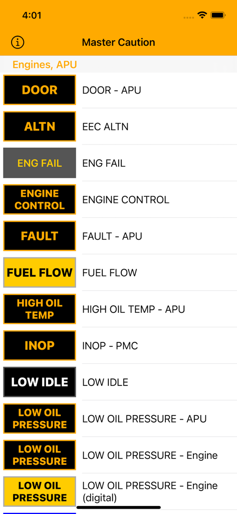 737 Master Caution - Interface of the 737 Master Caution app displaying a list of engine and APU warning lights and their descriptions