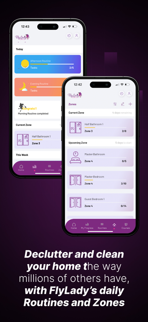FlyLady: Routines & Cleaning - FlyLady app interface on two smartphones showing daily cleaning routines and household zones