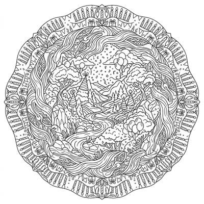 Celebrate special moments with this unique birthday valley mandala coloring page. Discover an intricate design blending lush landscapes with festive party elements for a truly engaging coloring experience.