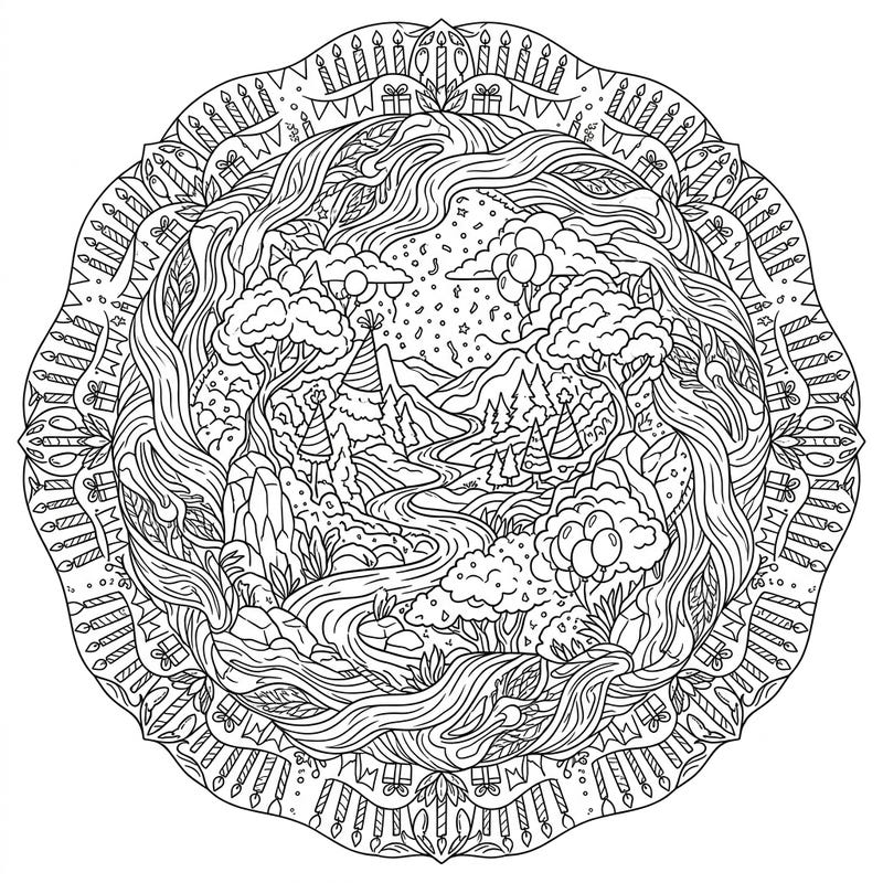 Celebrate special moments with this unique birthday valley mandala coloring page. Discover an intricate design blending lush landscapes with festive party elements for a truly engaging coloring experience.