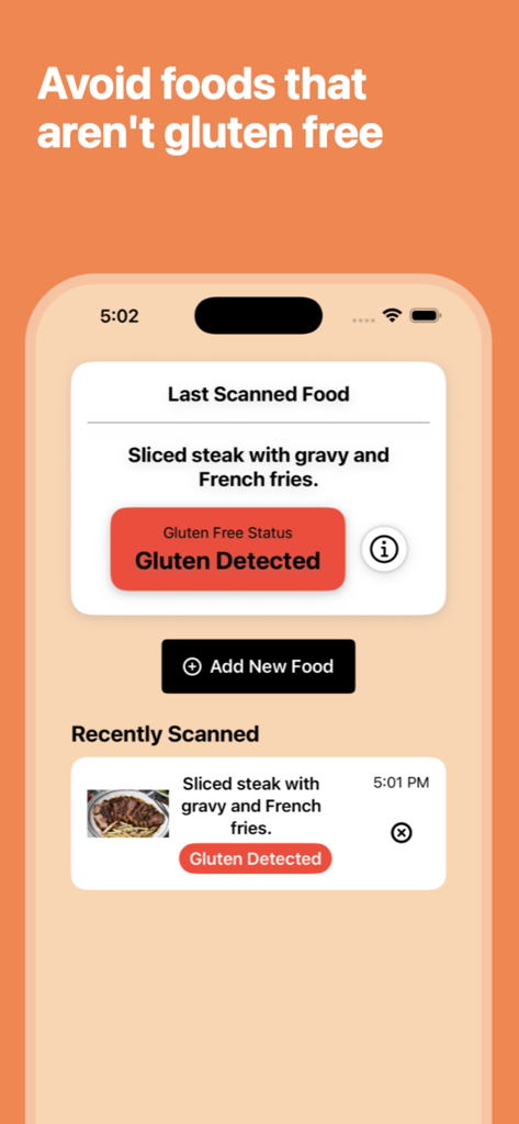 Gluten Free Scanner - GluCheck - GluCheck app interface showing a gluten detected warning for sliced steak with gravy and French fries.
