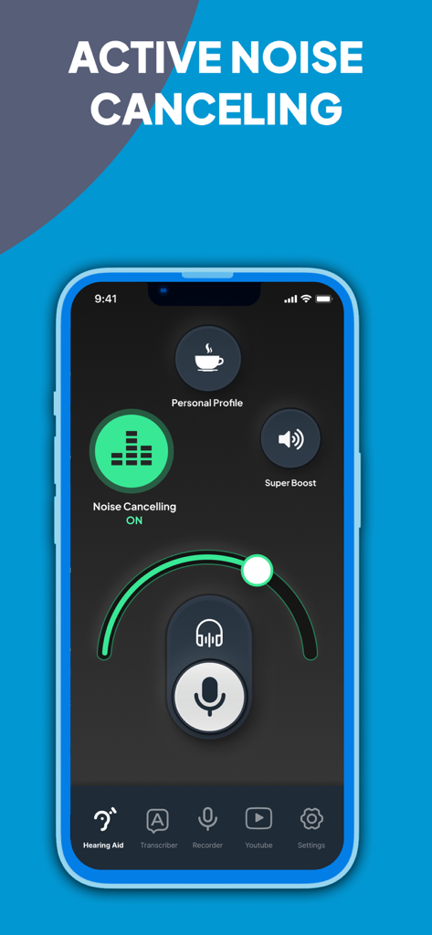 LISTENING DEVICE - HEARING AID - Interface of the Listening Device hearing aid app showing the active noise canceling feature turned on with volume and profile controls.