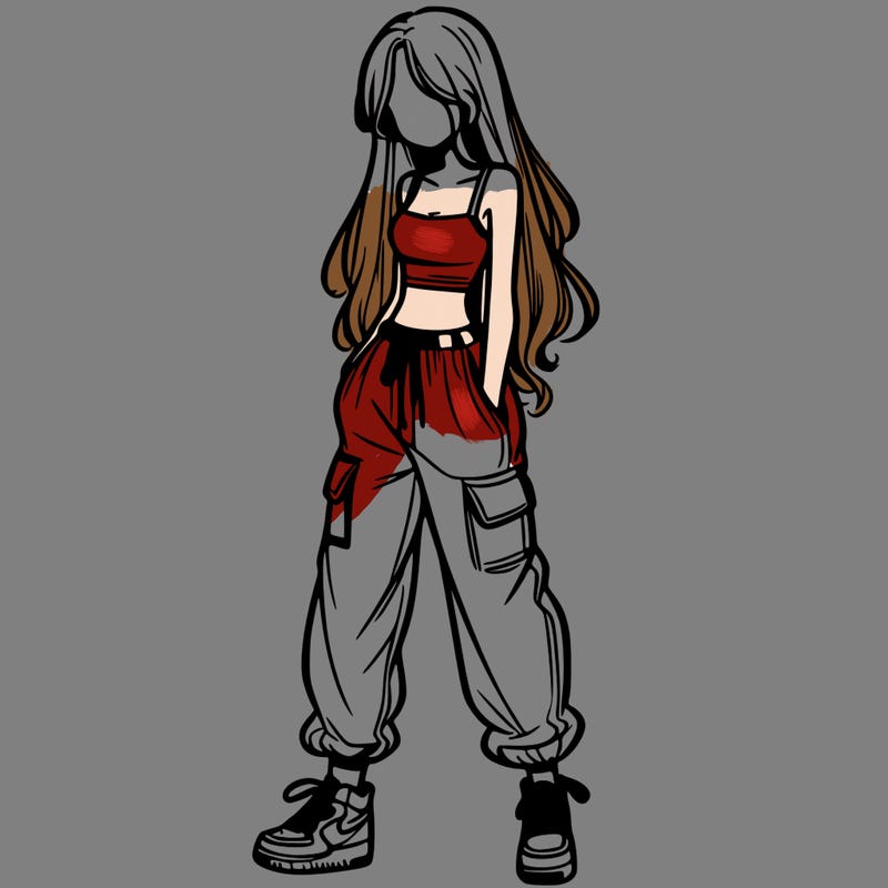 girl in baggy pants crop top and long hair