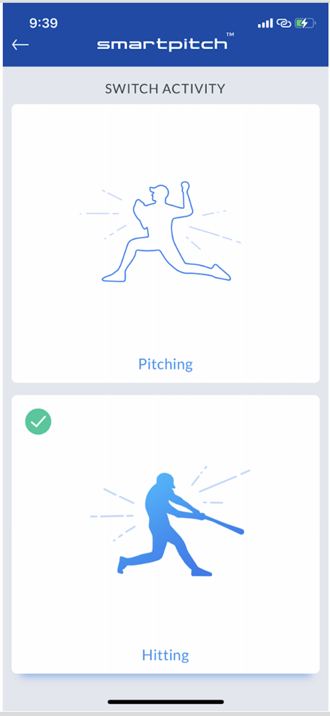 SmartPitch app interface for switching between pitching and hitting activities with hitting mode selected