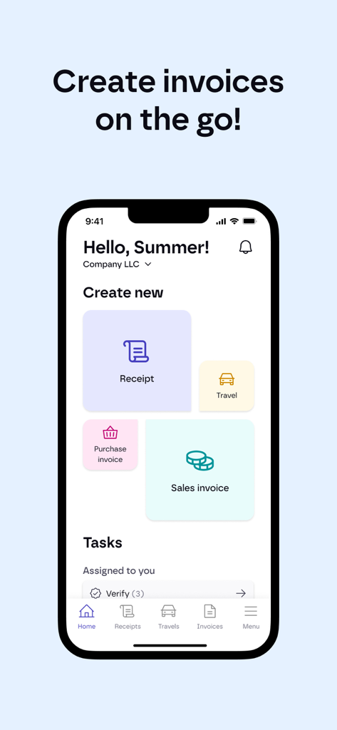 Procountor - Panel de la aplicación móvil Procountor con opciones para crear recibos, gastos de viaje y facturas de venta