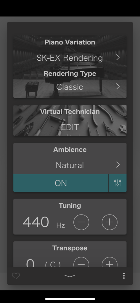 Kawai PianoRemote app interface showing piano variation and sound tuning settings