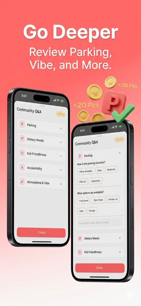 Savr: Find Restaurants & Cafes - Savr app interface for reviewing restaurant parking and atmosphere with rewards