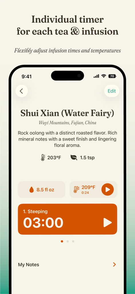 Tea Me - Tea Timer - Interface do aplicativo Tea Me com temporizador de infusão e temperatura para o chá Shui Xian