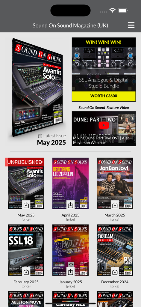 Sound On Sound USA - Sound On Sound USA app showing the digital magazine library and monthly issues