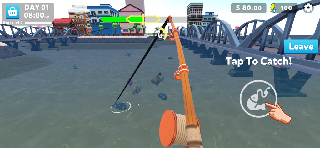 Dreamy Town - Jugabilidad de Dreamy Town mostrando una caña de pescar y peces de colores en un río de la ciudad.