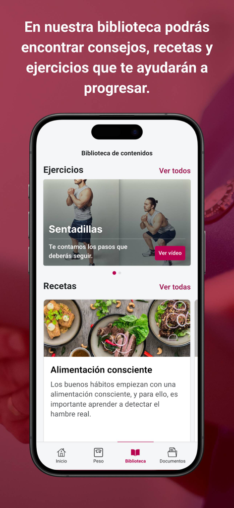 Drop - Captura de pantalla de la aplicación Drop by Sanitas que muestra la biblioteca de contenido con secciones de tutoriales de ejercicio y recetas saludables.