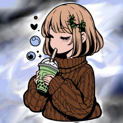 manga girl drinking boba in cozy sweater