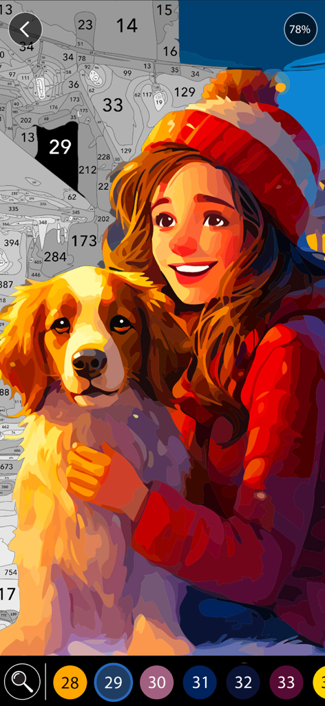 Christmas Paintings - Un juego digital de pintar por números con una niña con un gorro de invierno abrazando a un perro