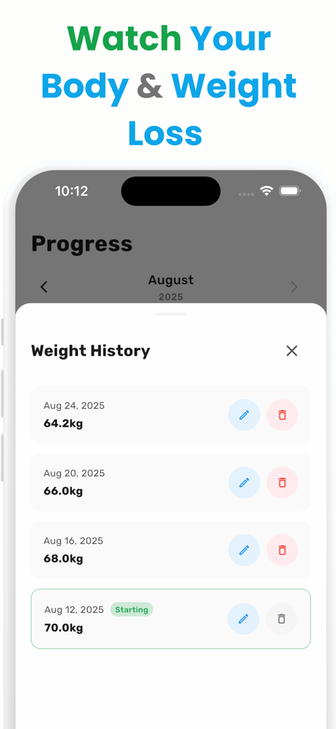 Weight history log screen in the Kalee app showing recorded weights over time