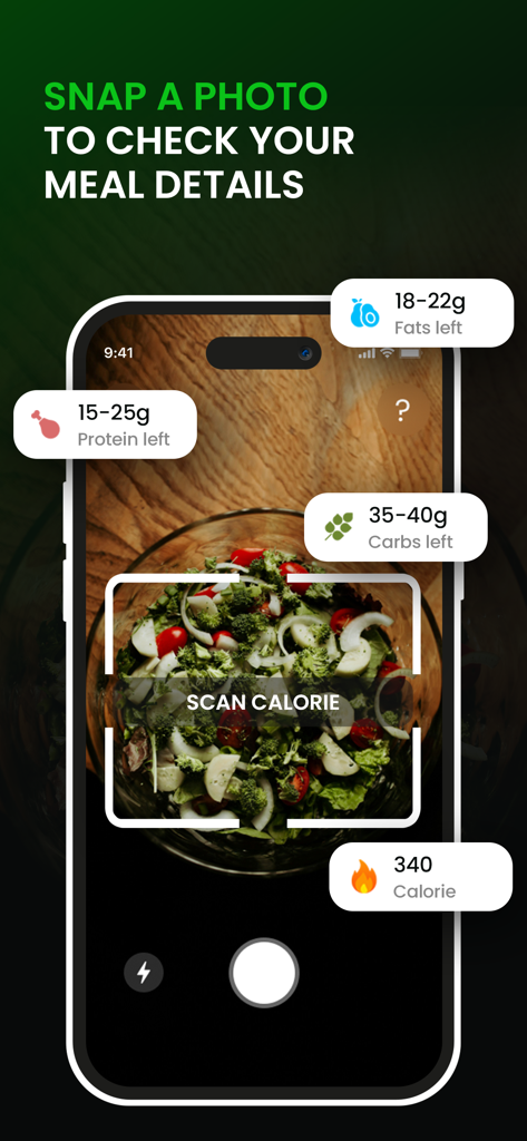 CalorieAI – Nutrition Tracker - Una interfaz de aplicación móvil que muestra una comida siendo escaneada para proporcionar datos instantáneos de calorías y macros