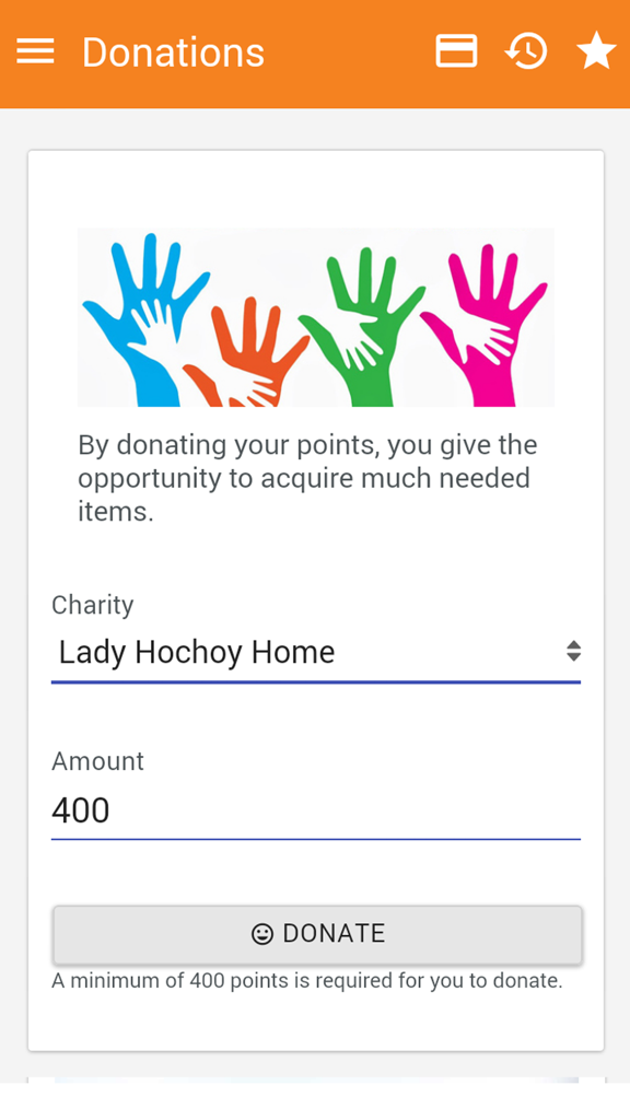 Massy Card app interface for donating loyalty points to local charities like Lady Hochoy Home