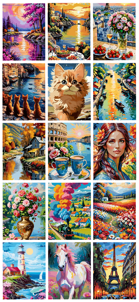 Oil Painting : Color By Number - A collection of 15 vibrant oil painting style digital coloring pages including animals, landscapes, and city landmarks.