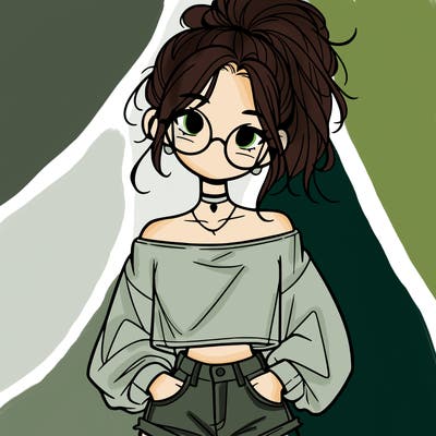 girl with a messy ponytail glasses a baggy crop top and jean shorts