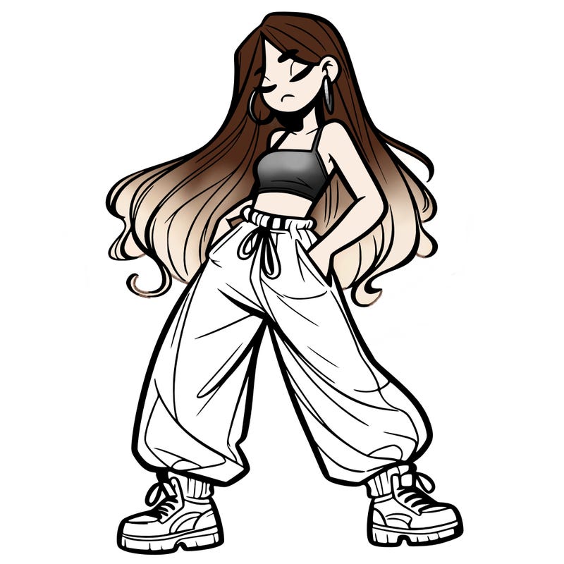 girl in baggy pants crop top and long hair