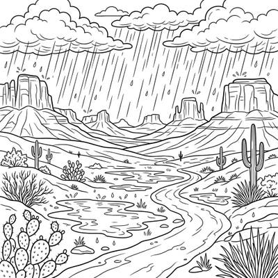 Discover the unexpected beauty of a desert valley transformed by rain with this captivating coloring page. Watch as puddles form and rain streaks create a dynamic and serene landscape, ready for your artistic touch.