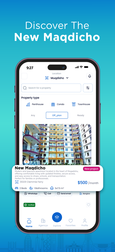 Homekey Finder モバイル アプリの検索画面。モガディシュの不動産リスティングと物件タイプフィルターが表示されています。