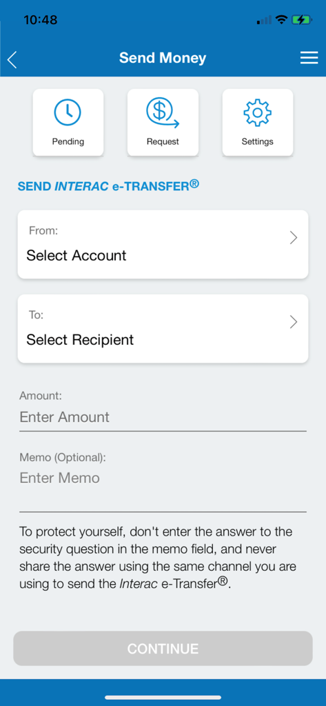 Coastal Community Credit Union mobile app send money screen featuring Interac e-Transfer fields