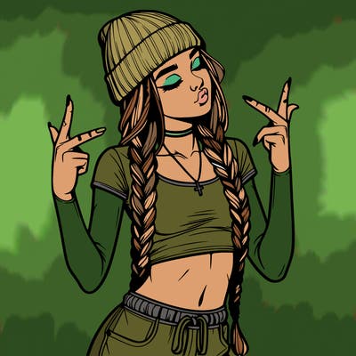 realistic teenage girl with braids and a beanie and crop top doing 🫶🏼