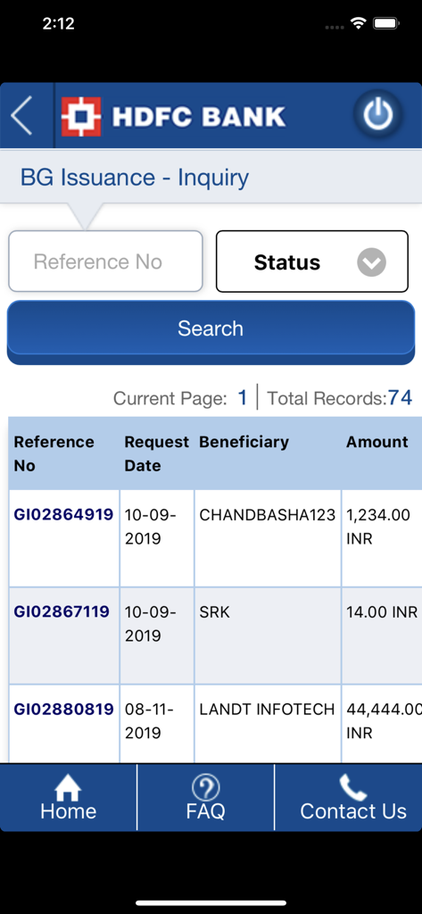 HDFC Bank Trade Finance mobile app showing Bank Guarantee issuance inquiry with transaction details.