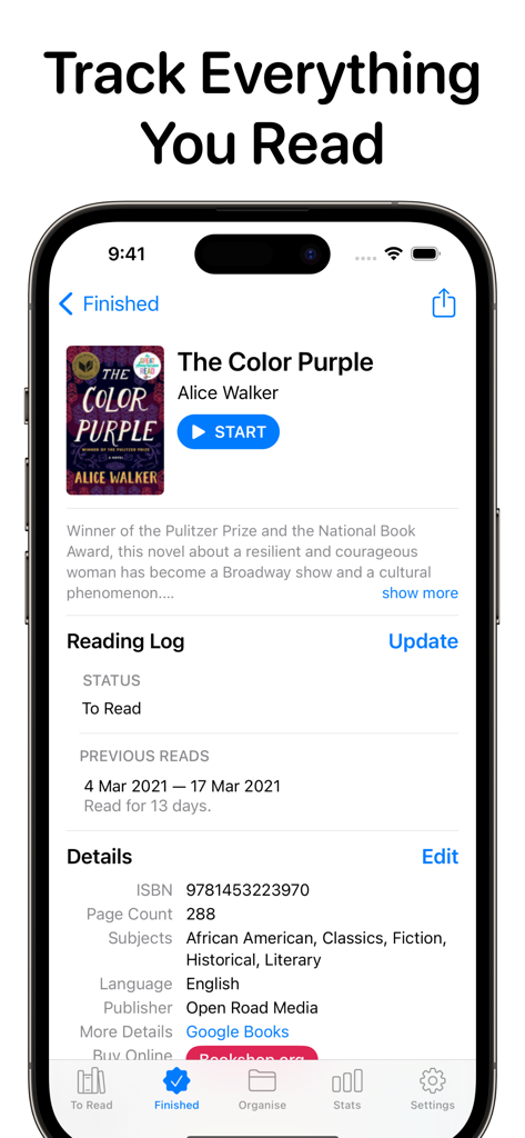A mobile screen showing the detailed view of a book including reading log status and metadata in the Reading List app.