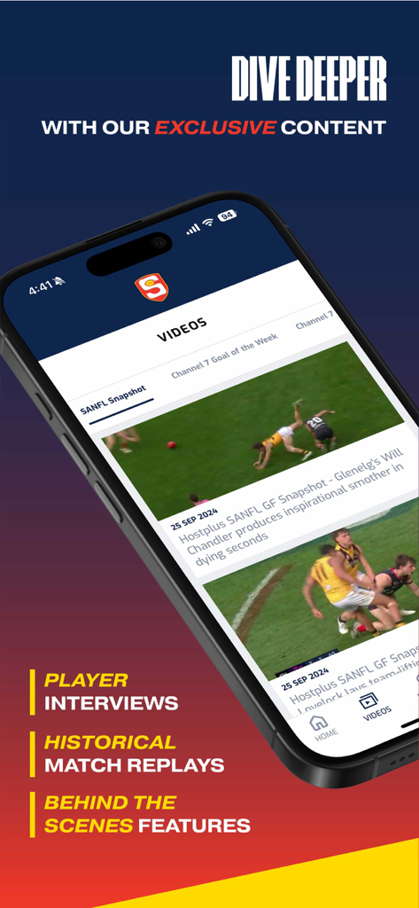 Smartphone screen showing the official SANFL app exclusive video content and player interviews