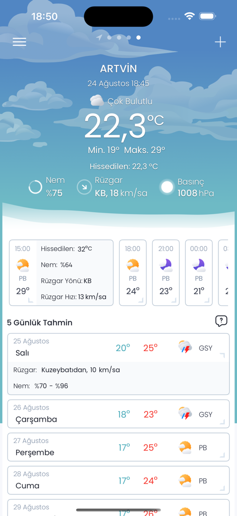 Hava Durumu Meteoroloji - A mobile app screen showing the current weather and a five-day forecast for Artvin, Turkey.