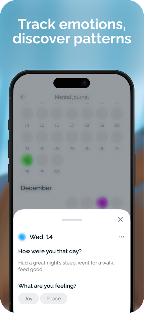 Dzeny: AI Mental Wellbeing - Dzeny app screenshot showing the mental journal interface for tracking emotions and discovering mood patterns