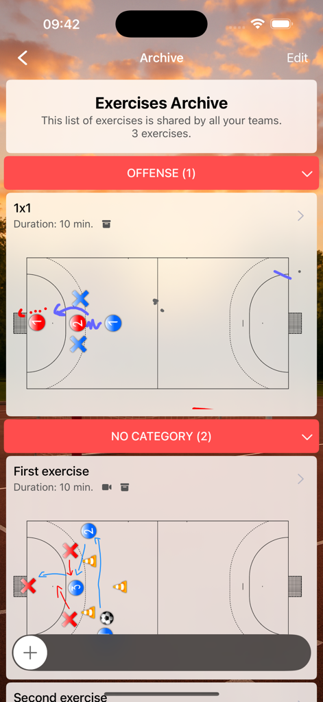 Assistant Coach Handball - Exercises archive screen in Assistant Coach Handball app showing tactical drills and diagrams.