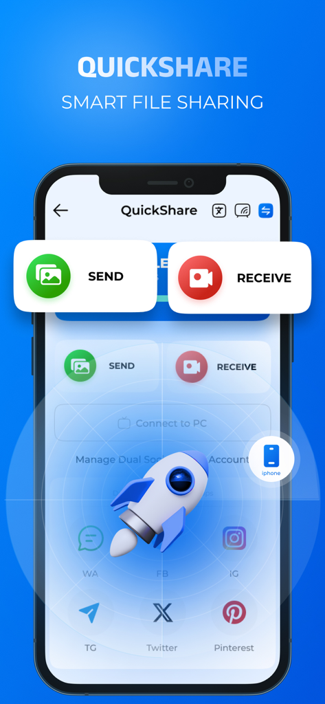 Quick Share: Fast File Sharing - Interfaz de la aplicación Quick Share mostrando botones de Enviar y Recibir con un icono de cohete que representa transferencias rápidas de archivos.