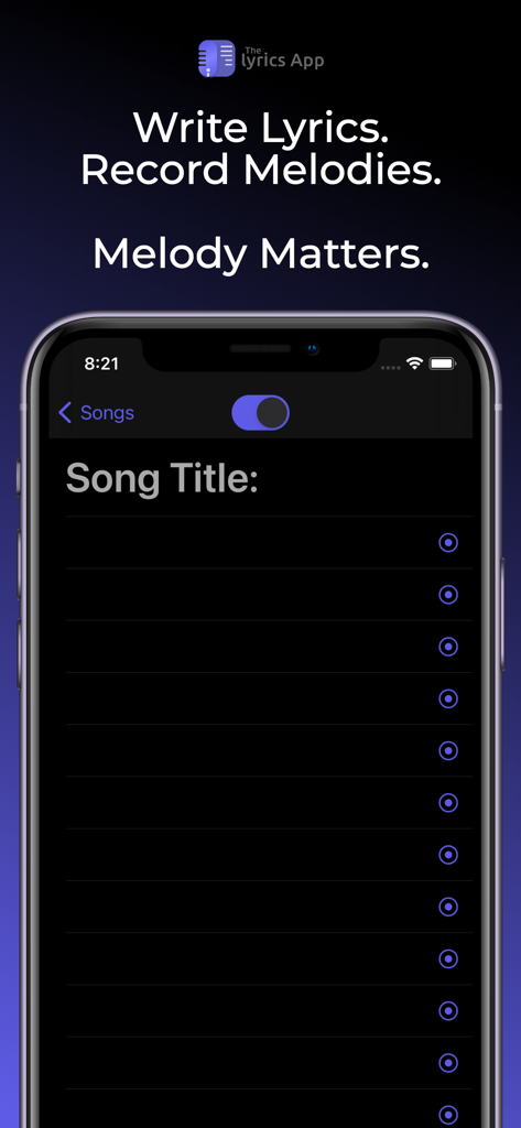 The Lyrics App - The Lyrics App interface for writing lyrics and recording melodies on iPhone