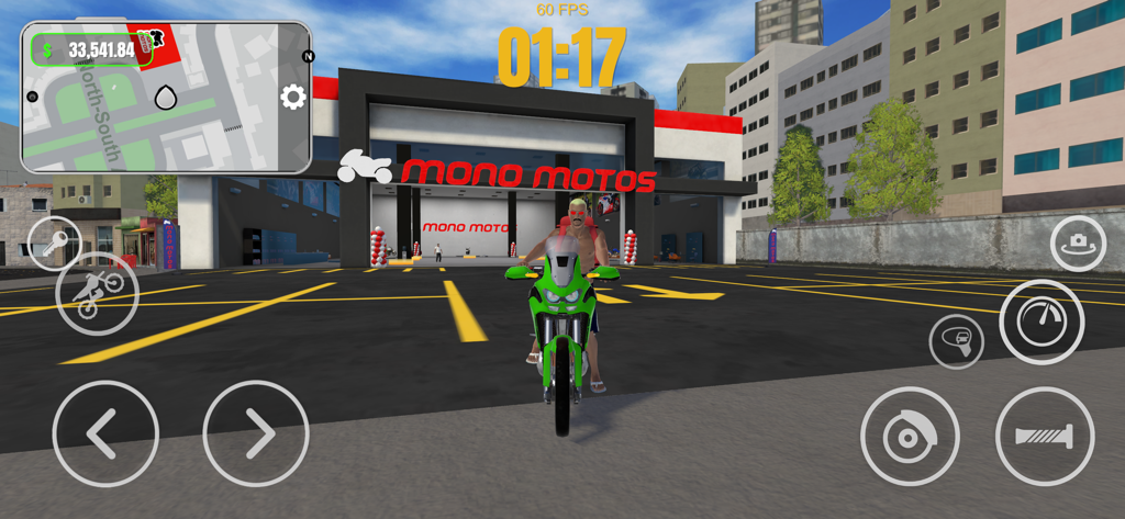 Motovlog Crazy Delivery Online - A green motorcycle and player character in front of the Mono Motos dealership in an urban open world environment.