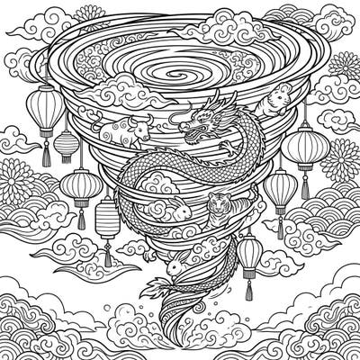 Dive into a captivating blend of nature's power and cultural celebration with this unique coloring page. A majestic tornado intricately combines with Lunar New Year symbols, featuring a dynamic dragon and charming zodiac animals ready for your artistic touch.