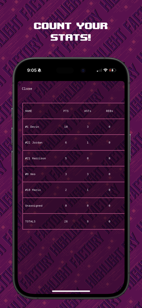 Highlight Factory - A mobile app screen showing a basketball statistics table with points assists and rebounds for multiple players