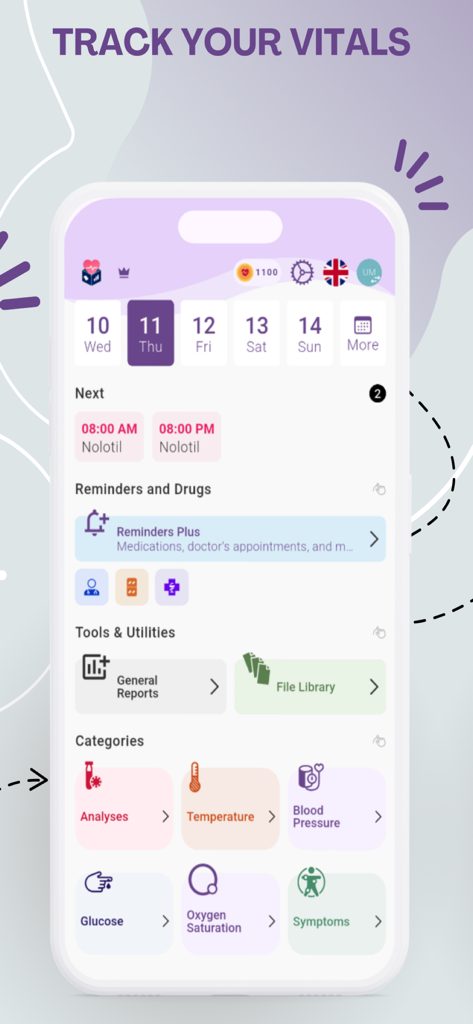 Interface of MedControl app for tracking medication reminders and health vitals