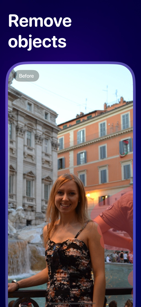 Upscale & Enhance - Pixelfix - A screenshot of the Pixelfix app showing the remove objects feature used on a travel photo